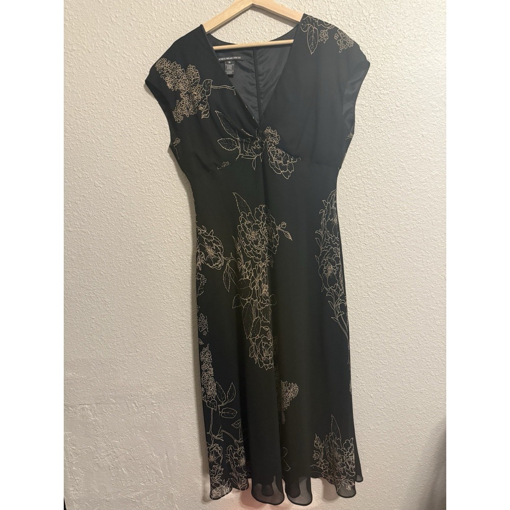Jones Wear Dress 16 Black Gold Sheer Midi Floral vintage Flutter Skirt 90s Y2K